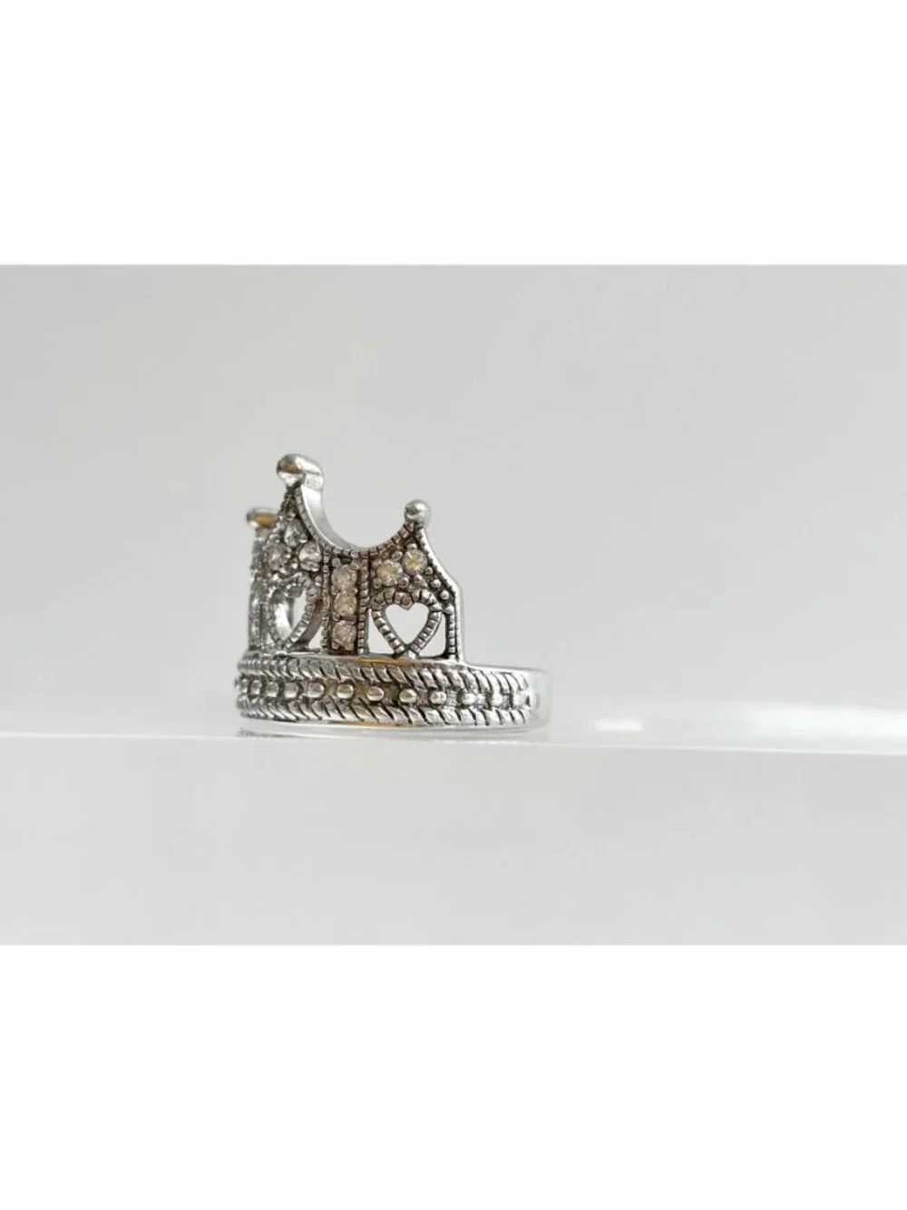 Crown Shaped Milgrain CZ Stone Beaded Sterling Silver 925 Vintage Ring - sz 6